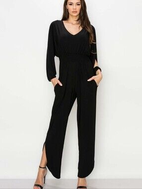 Last Tango Black Matte Jersey Smocked Waist Jumpsuit NWOT - Size Small